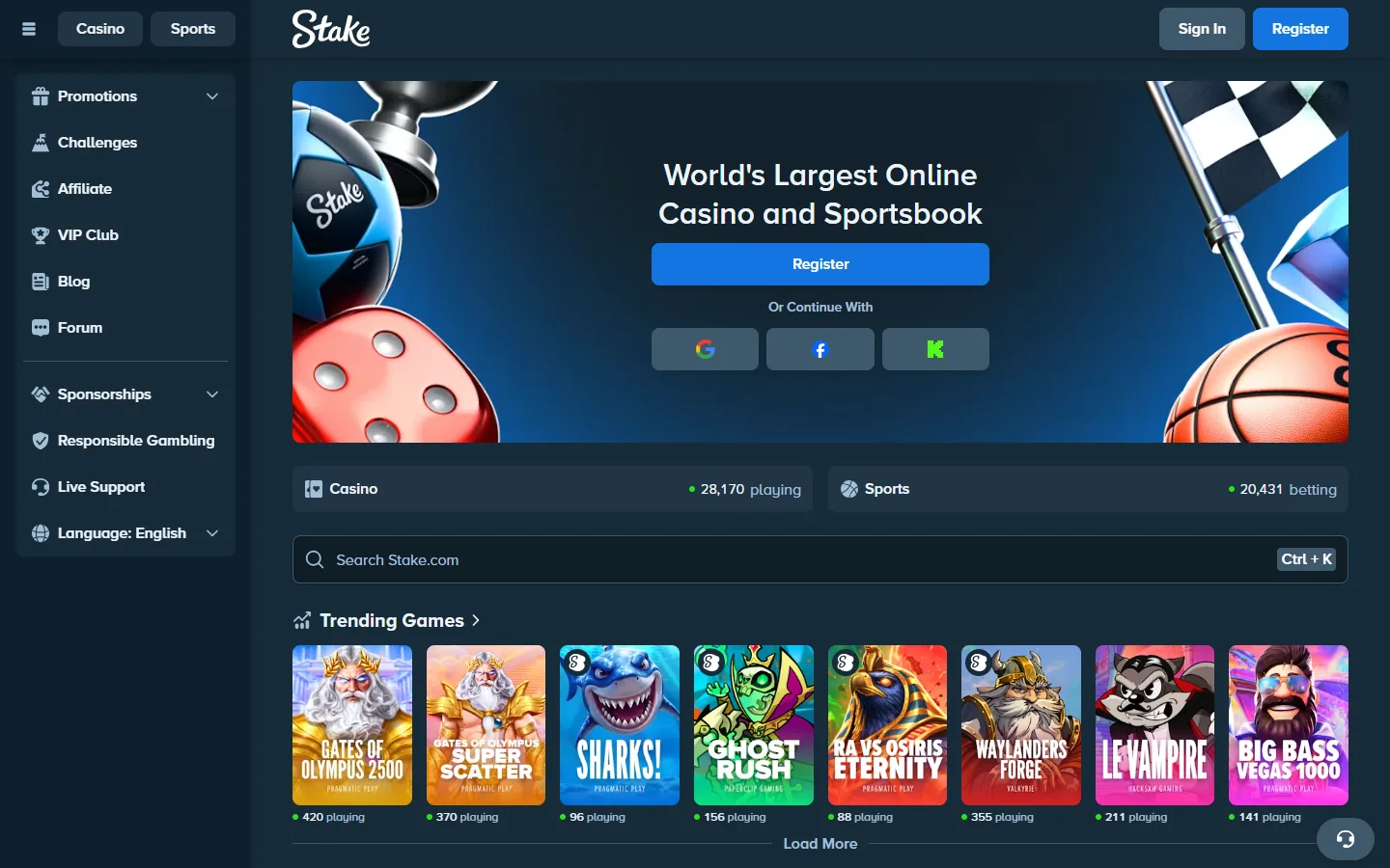 Stake.com's main page, with its casino and sportsbook sections